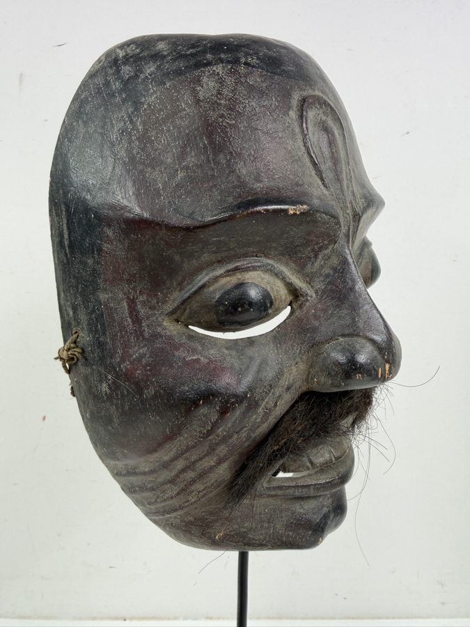 Vintage Hand Carved Wooden Face Mask Featuring Real Hair Mustache With Stand 6'W X 15'H [Photo 3]