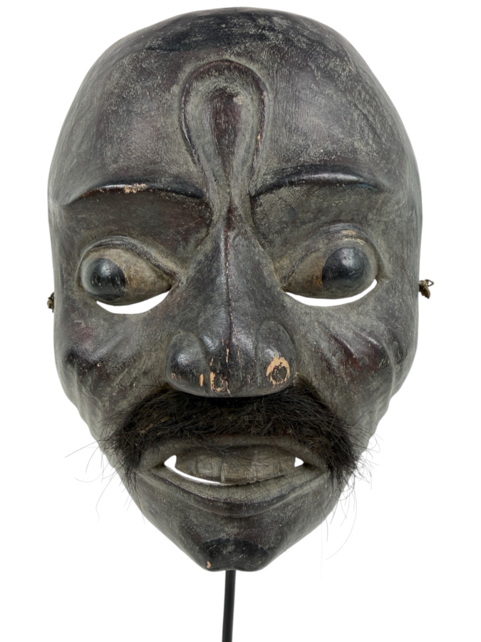 Vintage Hand Carved Wooden Face Mask Featuring Real Hair Mustache With Stand 6'W X 15'H