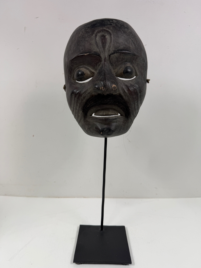 Vintage Hand Carved Wooden Face Mask Featuring Real Hair Mustache With Stand 6'W X 15'H [Photo 2]