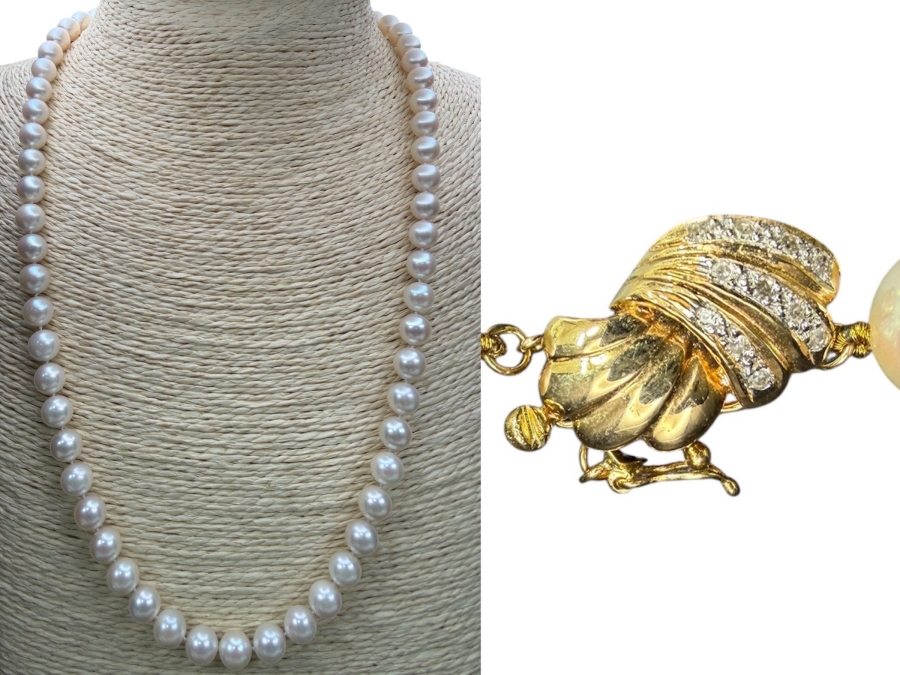 18' Cultured Pearl Strand Necklace With 14k Gold Clasp Estimated 2.0g With (11) .01mm Diamonds Appraised Retail Value Of $1,200