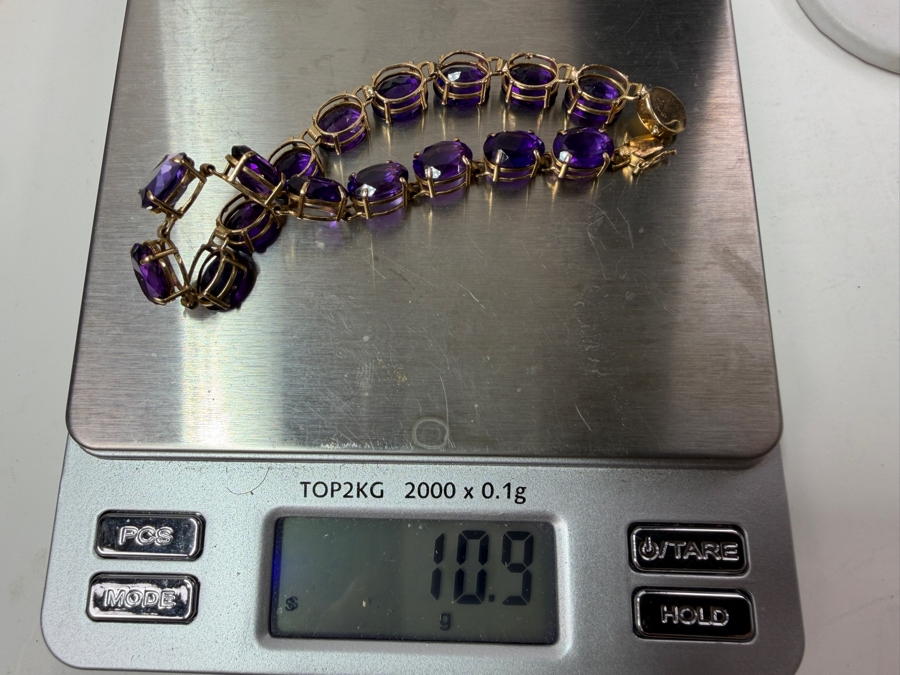 14k Gold Amethyst 7' Bracelet Est. 32ct 9x7 Oval 10.9g Appraised At $2,000 Retail [Photo 8]