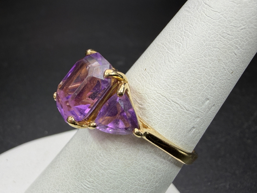 14k Gold Ring With 10x8 Amethyst And (2) 6x6 Amethysts Size 7 3.7g Appraised At $1,800 Retail [Photo 4]