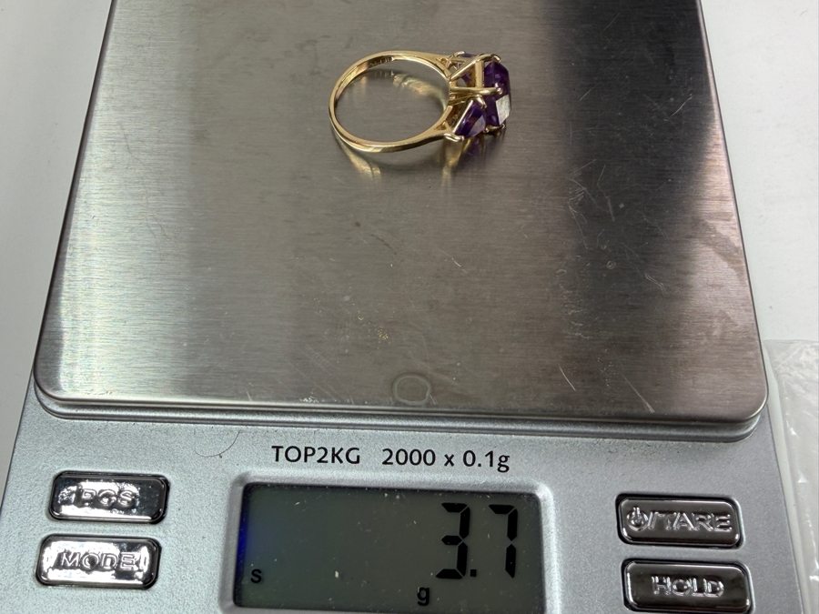 14k Gold Ring With 10x8 Amethyst And (2) 6x6 Amethysts Size 7 3.7g Appraised At $1,800 Retail [Photo 8]