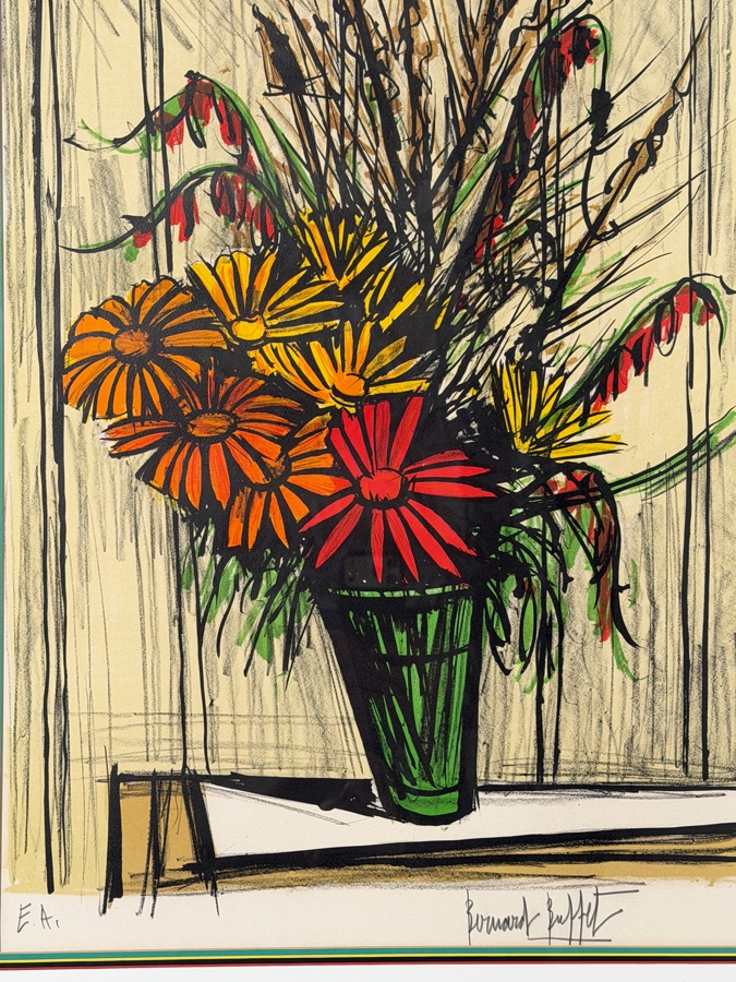 Bernard Buffet (1928-1999, French) Signed Artist Proof Expressionist Color Lithograph Titled 'Marguerites' (Daisies) 1977 Pencil Signed Lower Right 19' X 27' Framed 26.5' X 35' [Photo 3]