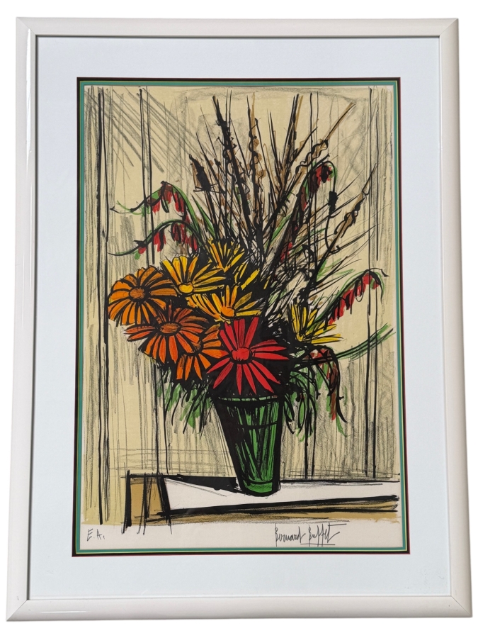 Bernard Buffet (1928-1999, French) Signed Artist Proof Expressionist Color Lithograph Titled 'Marguerites' (Daisies) 1977 Pencil Signed Lower Right 19' X 27' Framed 26.5' X 35' [Photo 2]