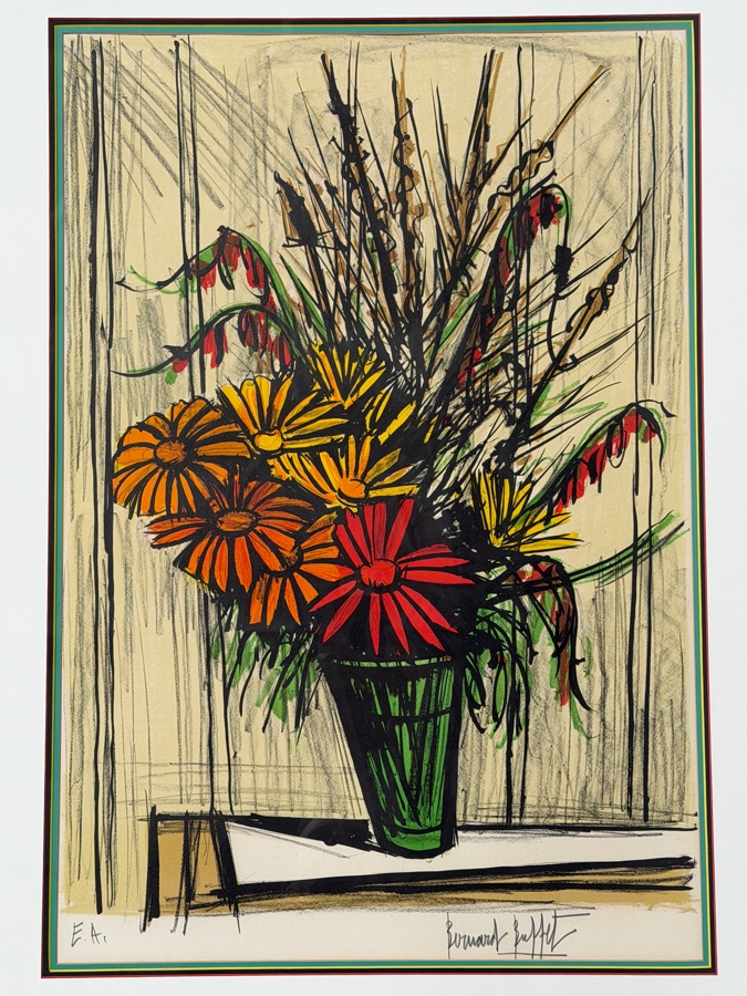 Bernard Buffet (1928-1999, French) Signed Artist Proof Expressionist Color Lithograph Titled 'Marguerites' (Daisies) 1977 Pencil Signed Lower Right 19' X 27' Framed 26.5' X 35'