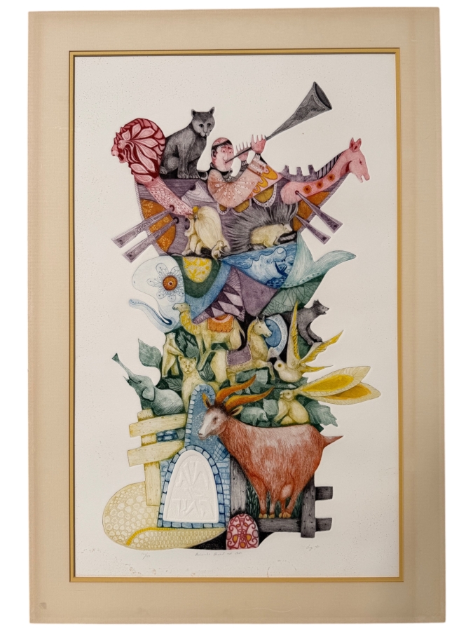 Amram Ebgi (B. 1939, Israeli/American) Hand Signed Limited Edition Embossed Lithograph Titled 'Animals Board The Ark' Pencil Signed Lower Right Numbered 147 Of 150 26' X 38' [Photo 2]