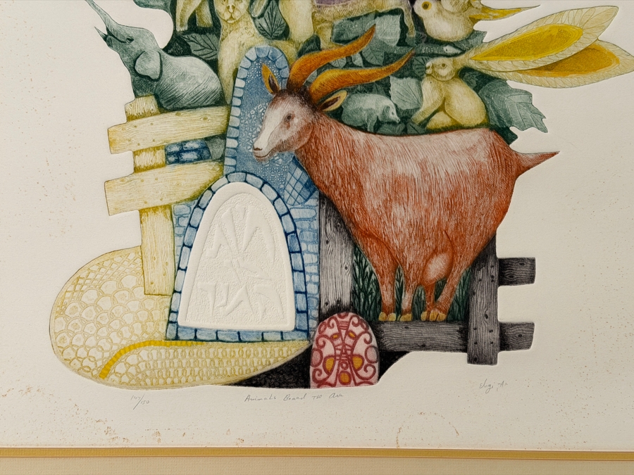 Amram Ebgi (B. 1939, Israeli/American) Hand Signed Limited Edition Embossed Lithograph Titled 'Animals Board The Ark' Pencil Signed Lower Right Numbered 147 Of 150 26' X 38' [Photo 10]