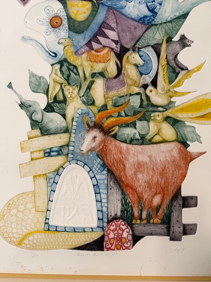 Amram Ebgi (B. 1939, Israeli/American) Hand Signed Limited Edition Embossed Lithograph Titled 'Animals Board The Ark' Pencil Signed Lower Right Numbered 147 Of 150 26' X 38' [Photo 6]