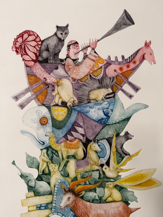 Amram Ebgi (B. 1939, Israeli/American) Hand Signed Limited Edition Embossed Lithograph Titled 'Animals Board The Ark' Pencil Signed Lower Right Numbered 147 Of 150 26' X 38' [Photo 4]