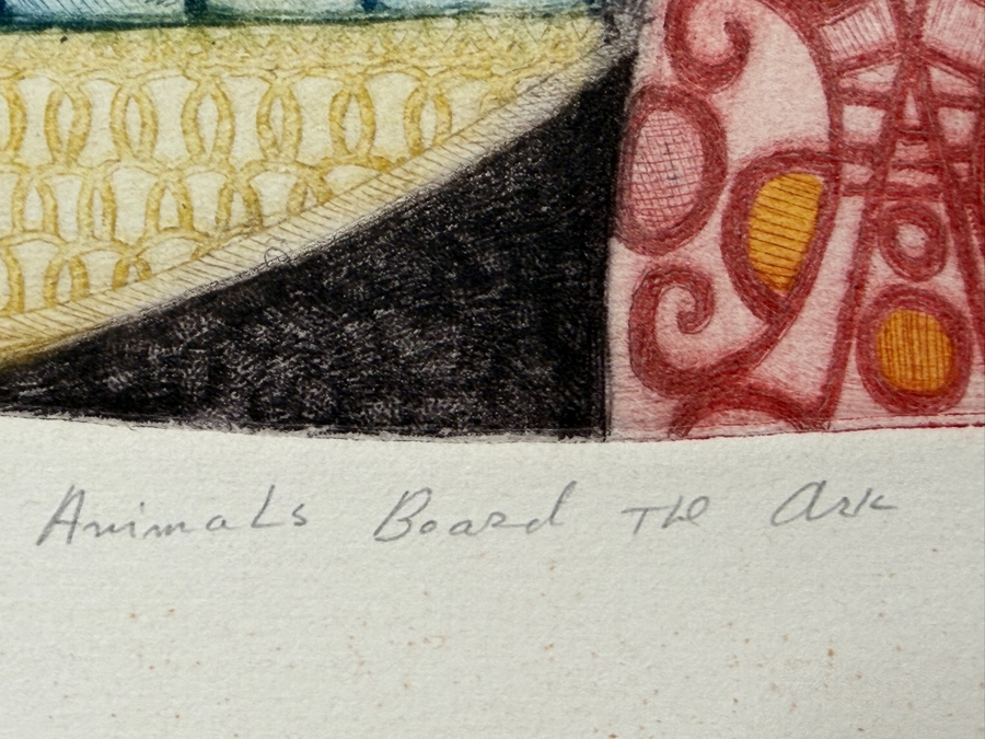 Amram Ebgi (B. 1939, Israeli/American) Hand Signed Limited Edition Embossed Lithograph Titled 'Animals Board The Ark' Pencil Signed Lower Right Numbered 147 Of 150 26' X 38' [Photo 8]