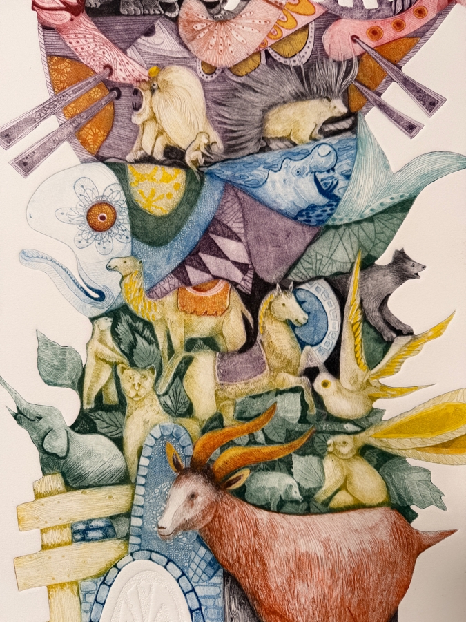 Amram Ebgi (B. 1939, Israeli/American) Hand Signed Limited Edition Embossed Lithograph Titled 'Animals Board The Ark' Pencil Signed Lower Right Numbered 147 Of 150 26' X 38' [Photo 5]