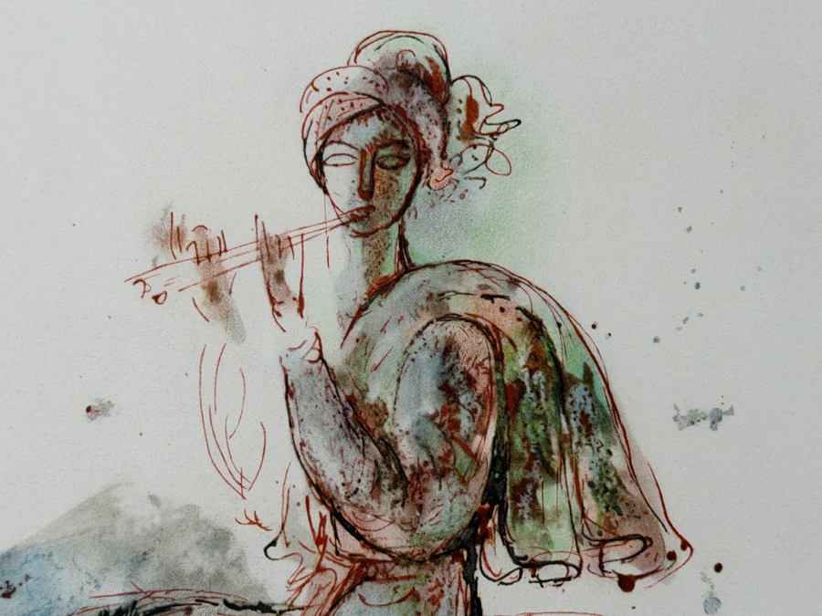 Reuven Rubin (1893-1974, Israeli) Hand Signed Limited Edition Lithograph Print Titled 'Flutist On A Donkey' Pencil Signed Lower Right Numbered 41 Of 150 13'W X 19'H [Photo 6]