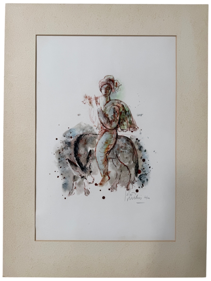 Reuven Rubin (1893-1974, Israeli) Hand Signed Limited Edition Lithograph Print Titled 'Flutist On A Donkey' Pencil Signed Lower Right Numbered 41 Of 150 13'W X 19'H [Photo 2]