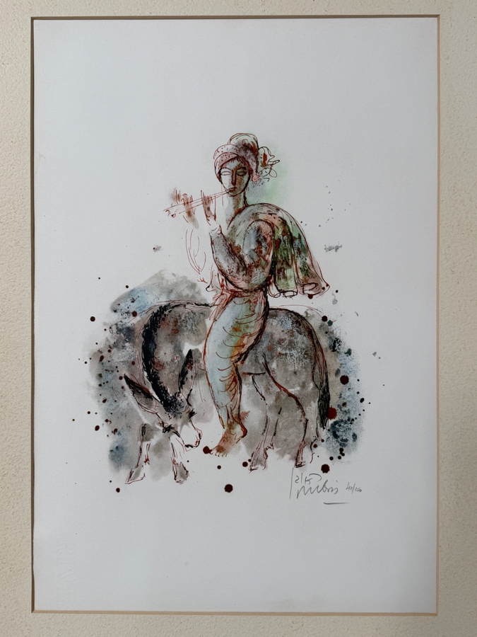 Reuven Rubin (1893-1974, Israeli) Hand Signed Limited Edition Lithograph Print Titled 'Flutist On A Donkey' Pencil Signed Lower Right Numbered 41 Of 150 13'W X 19'H