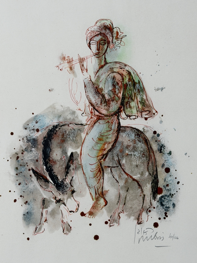 Reuven Rubin (1893-1974, Israeli) Hand Signed Limited Edition Lithograph Print Titled 'Flutist On A Donkey' Pencil Signed Lower Right Numbered 41 Of 150 13'W X 19'H [Photo 3]