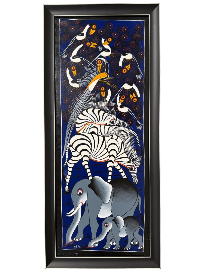 Mteko Original Tingatinga Style African Tanzania Animal Painting 10.5 X 26.5 Framed 13 X 29.5