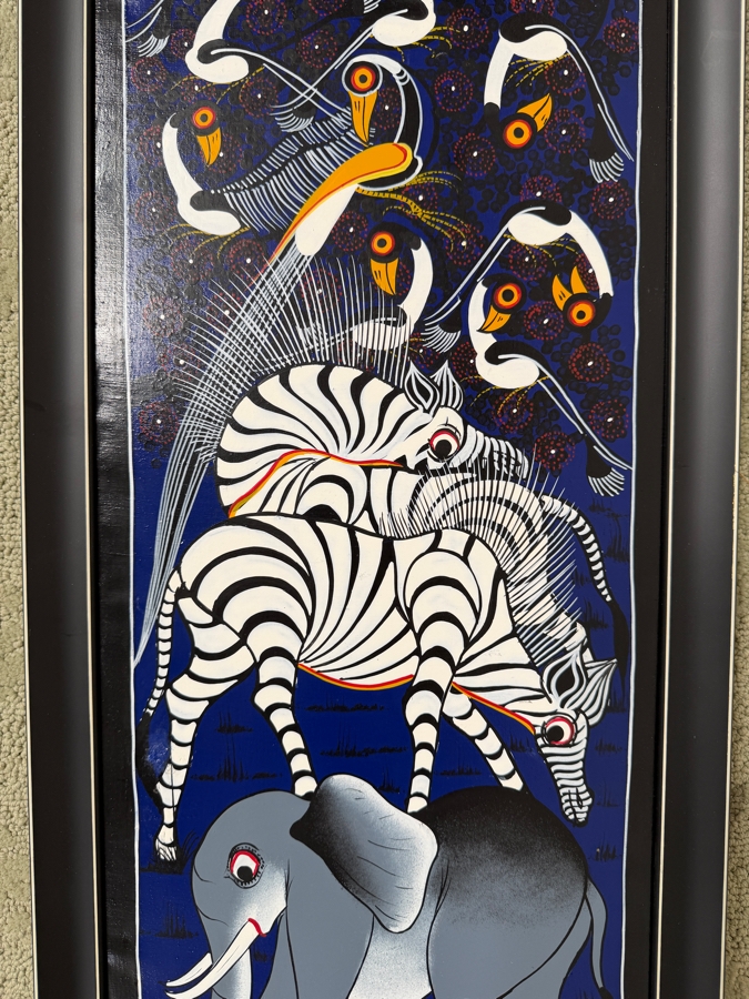 Mteko Original Tingatinga Style African Tanzania Animal Painting 10.5 X 26.5 Framed 13 X 29.5 [Photo 4]