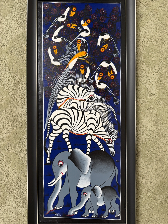 Mteko Original Tingatinga Style African Tanzania Animal Painting 10.5 X 26.5 Framed 13 X 29.5 [Photo 2]