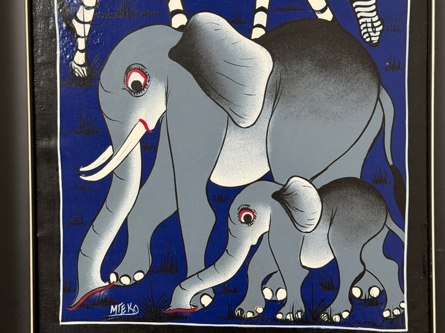 Mteko Original Tingatinga Style African Tanzania Animal Painting 10.5 X 26.5 Framed 13 X 29.5 [Photo 7]