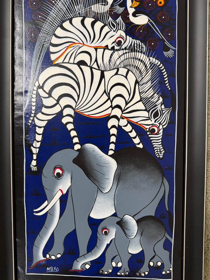 Mteko Original Tingatinga Style African Tanzania Animal Painting 10.5 X 26.5 Framed 13 X 29.5 [Photo 3]
