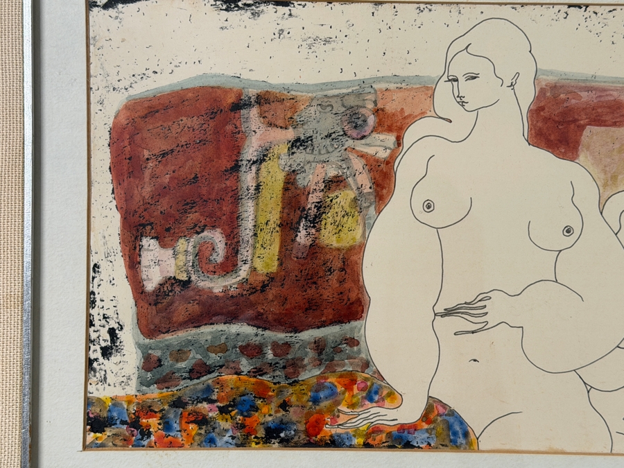 Juan Velasquez Diaz Original Watercolor Ink Drawing On Paper 16 X 8 Framed 25 X 17 [Photo 4]