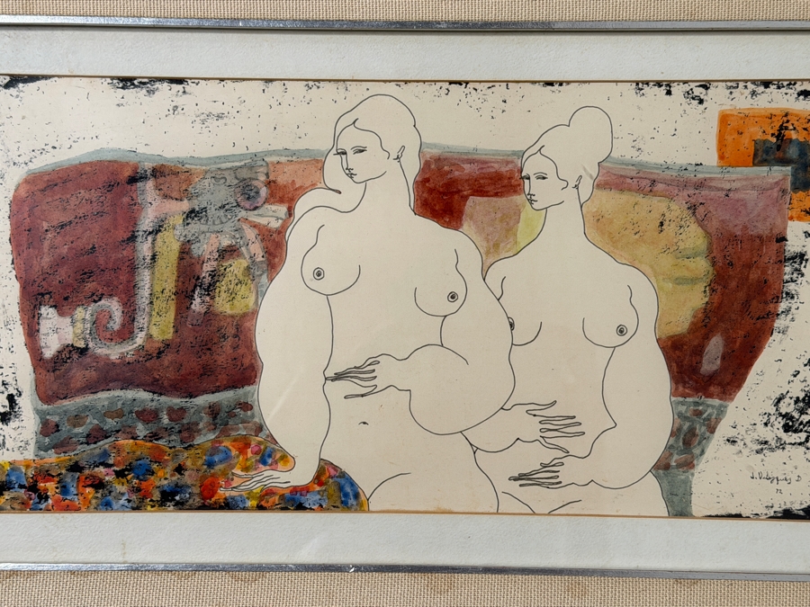 Juan Velasquez Diaz Original Watercolor Ink Drawing On Paper 16 X 8 Framed 25 X 17 [Photo 3]