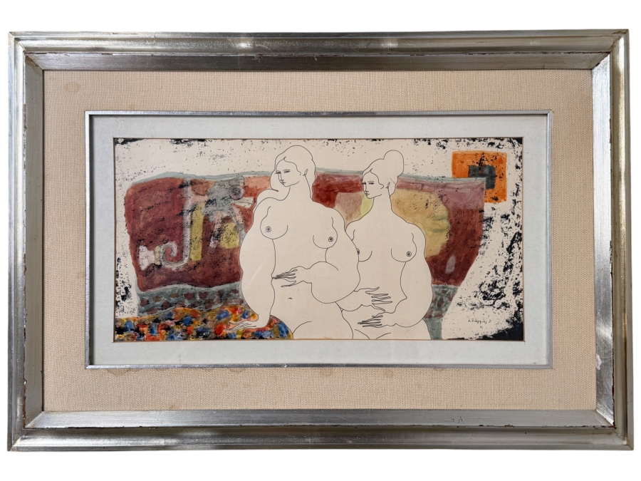 Juan Velasquez Diaz Original Watercolor Ink Drawing On Paper 16 X 8 Framed 25 X 17