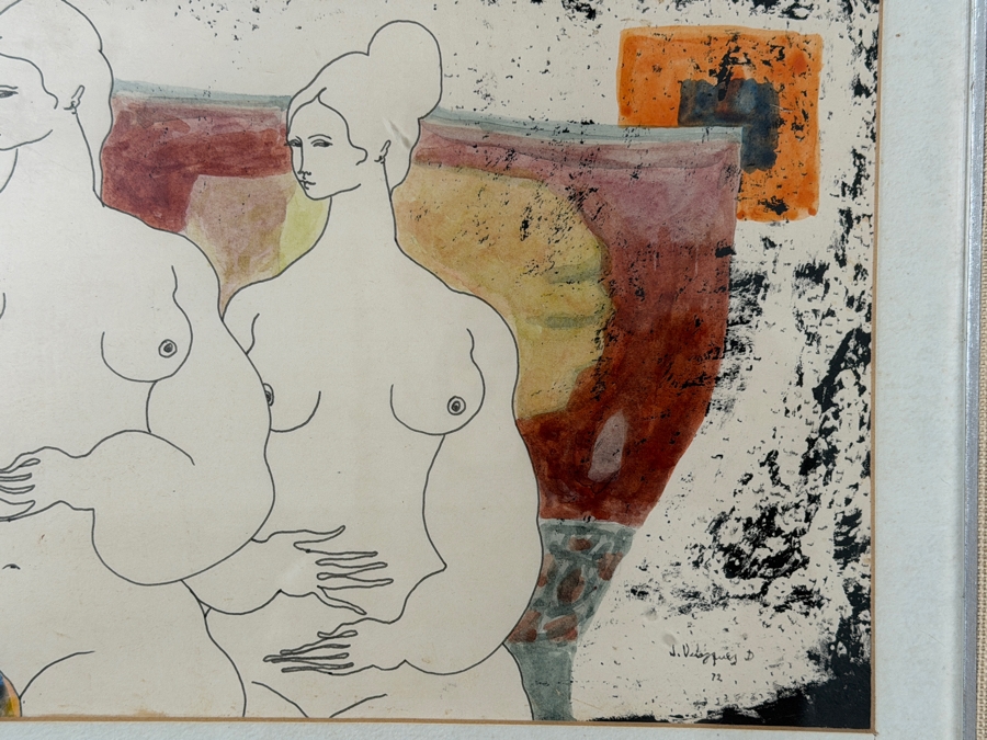 Juan Velasquez Diaz Original Watercolor Ink Drawing On Paper 16 X 8 Framed 25 X 17 [Photo 6]
