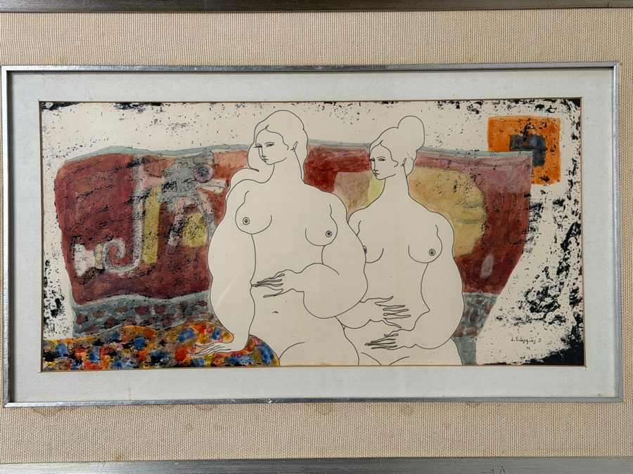 Juan Velasquez Diaz Original Watercolor Ink Drawing On Paper 16 X 8 Framed 25 X 17 [Photo 2]