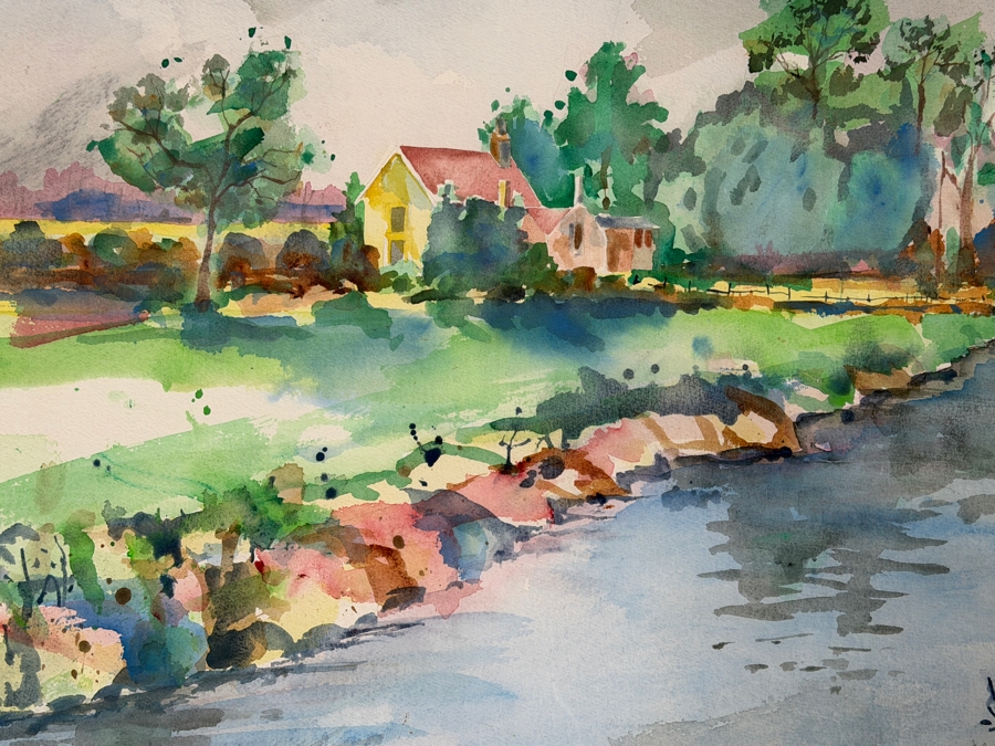 Margaret McMullan Original Landscape Watercolor Painting On Paper Titled 'Giverny Monet's Home' Dated 1990 Signed Lower Left 38 X 23 Framed 47 X 32 Retails $10,000+
 [Photo 5]