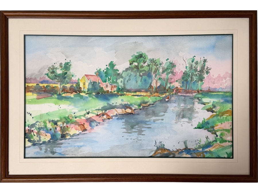 Margaret McMullan Original Landscape Watercolor Painting On Paper Titled 'Giverny Monet's Home' Dated 1990 Signed Lower Left 38 X 23 Framed 47 X 32 Retails $10,000+

