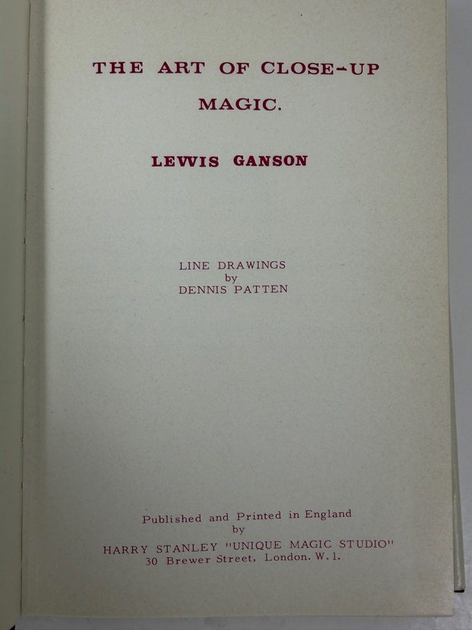 First Edition Hardcover Book The Art Of Close Up Magic Volume One By Lewis Ganson Published By Harry Stanley 'Unique Magic Studio' London, England [Photo 2]