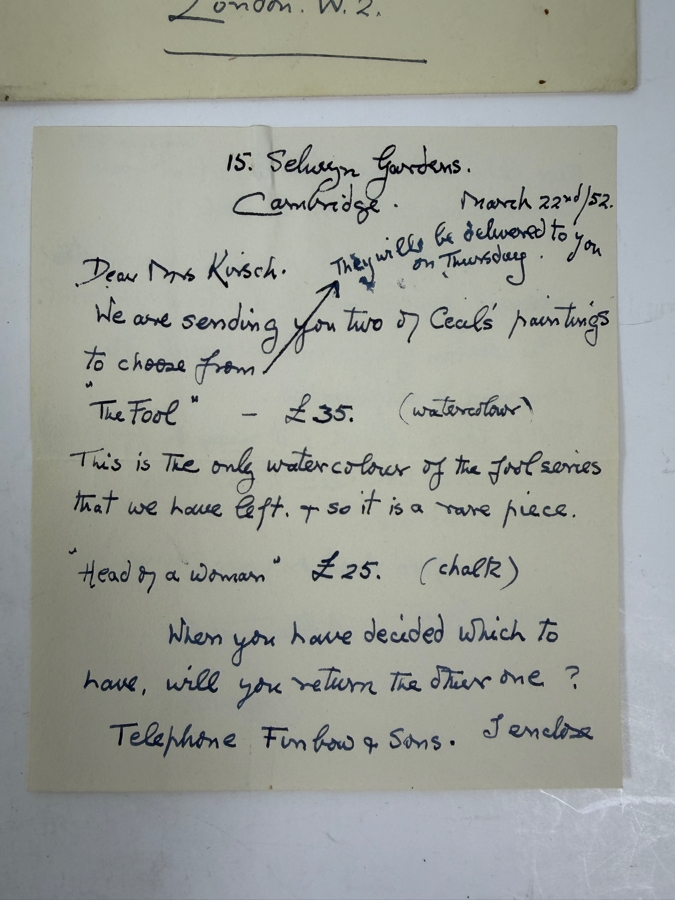 Signed Cecil Collins: Paintings And Drawings (1935-1945) Hardcover Book, Signed Postcard And Signed Personalized Letter (All Signed By Cecil's Wife Elisabeth Collins (1904-2000, English) Who Was Also A Renowned Artist) - See Photos [Photo 9]