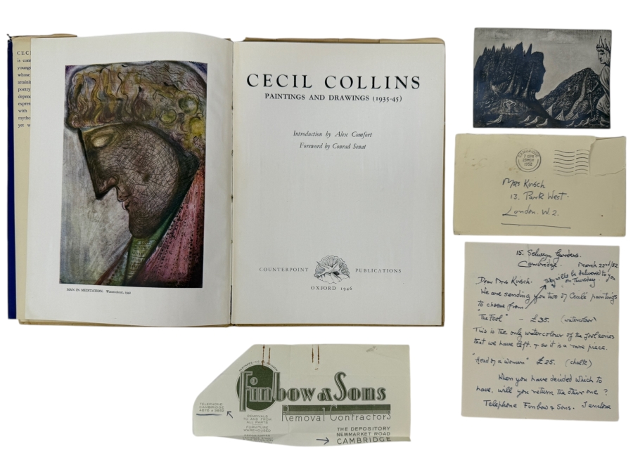 Signed Cecil Collins: Paintings And Drawings (1935-1945) Hardcover Book, Signed Postcard And Signed Personalized Letter (All Signed By Cecil's Wife Elisabeth Collins (1904-2000, English) Who Was Also A Renowned Artist) - See Photos