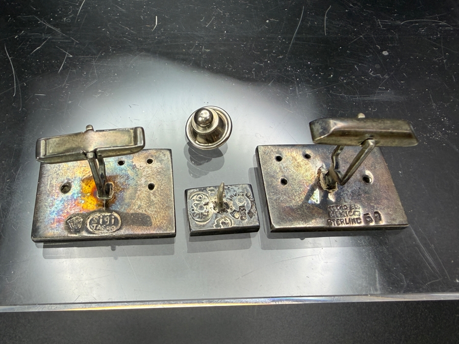 Vintage Sigi Pineda Mexico Modernist Sterling Silver / Rosewood Cufflinks & Tie Pin Set Taxco Silver 21.2g [Photo 7]