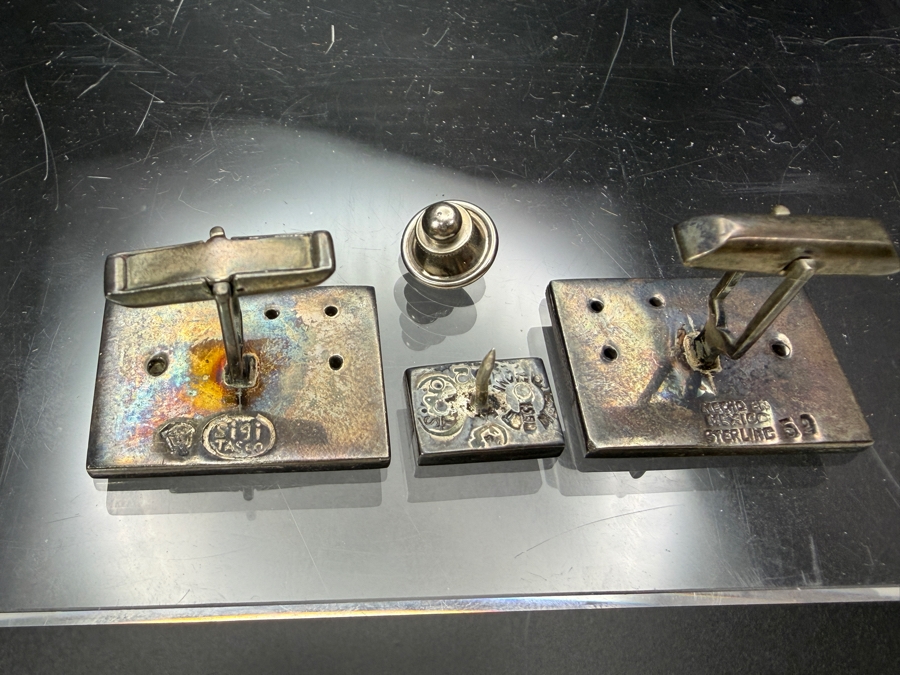 Vintage Sigi Pineda Mexico Modernist Sterling Silver / Rosewood Cufflinks & Tie Pin Set Taxco Silver 21.2g [Photo 3]