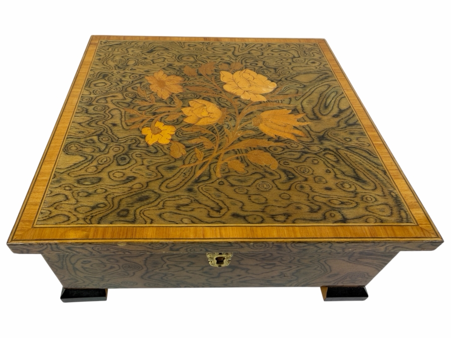 Vintage Italian Inlaid Wooden Jewelry Music Box 9W X 8.75D X 3.5H