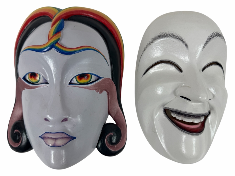 Just Added - Pair Of Hand Painted Carved Wooden Masks 7W And 5W