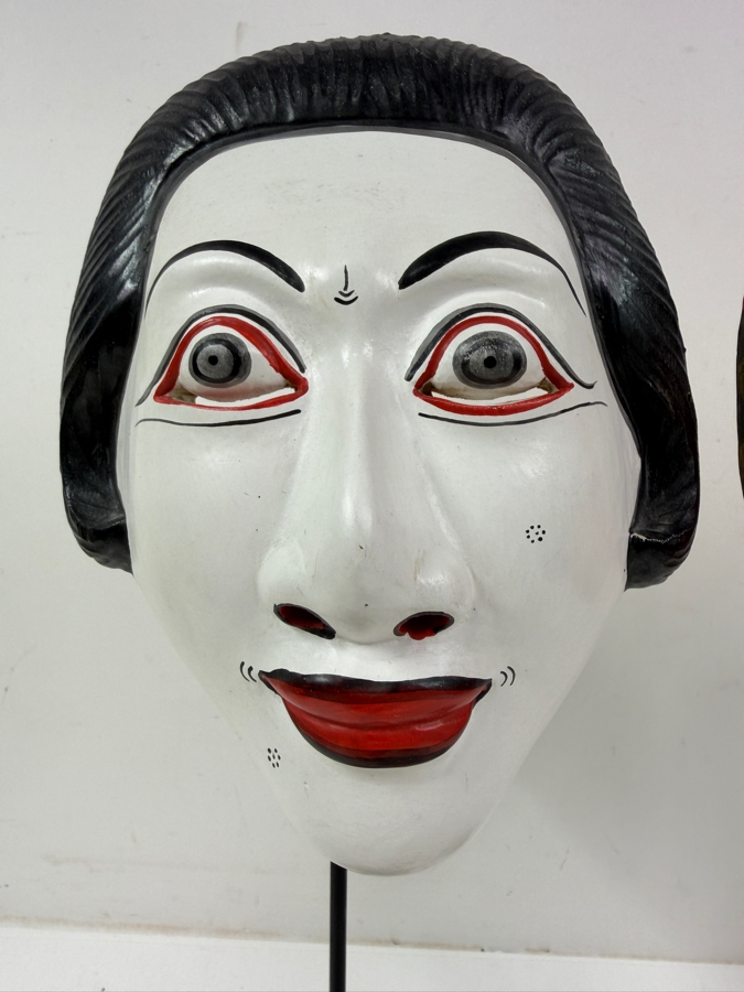 Pair Of Vintage Indonesian / Balinese Hand Painted Carved Wooden Masks 6'W [Photo 3]