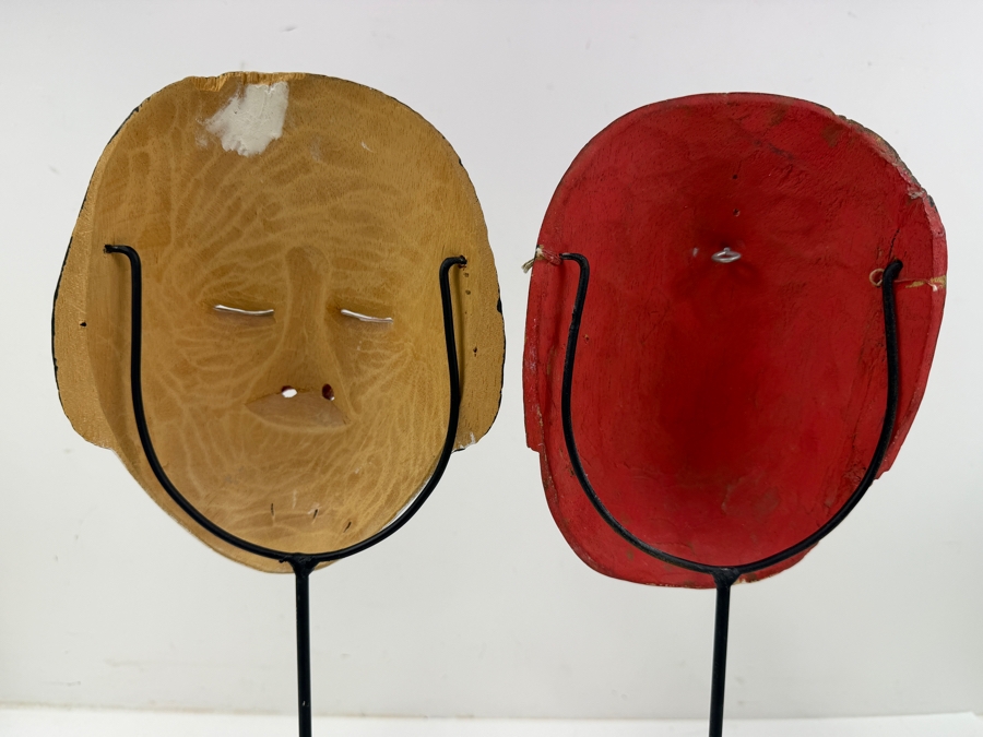 Pair Of Vintage Indonesian / Balinese Hand Painted Carved Wooden Masks 6'W [Photo 4]