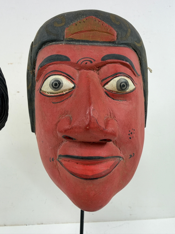 Pair Of Vintage Indonesian / Balinese Hand Painted Carved Wooden Masks 6'W [Photo 2]