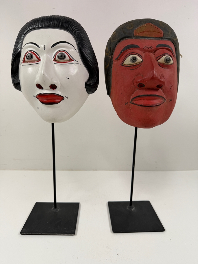 Pair Of Vintage Indonesian / Balinese Hand Painted Carved Wooden Masks 6'W [Photo 5]