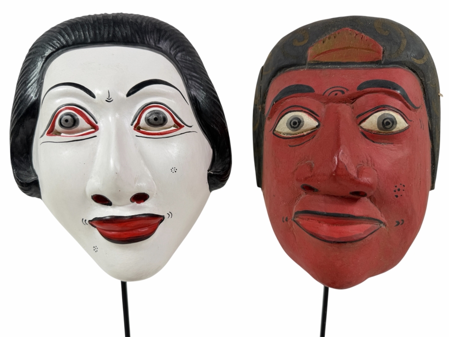 Pair Of Vintage Indonesian / Balinese Hand Painted Carved Wooden Masks 6'W