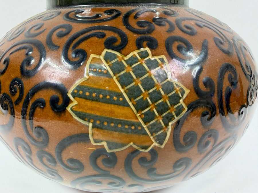 Just Added - Antique English Wedgwood Pottery Vase (Side Drilled To Accommodate Wiring For A Table Lamp) 11'W X 9.5'H [Photo 2]