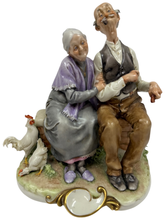 Just Added - Vintage Capodimonte Porcelain Figurine Designed By Giuseppe Cappe Titled 'Elderly Couple With Chickens' 7H