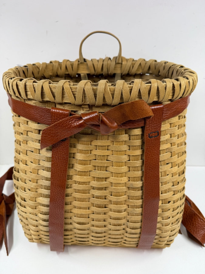 Rustic Handwoven Backpack By Moose River Handcrafts With Leather Straps And Bow 9.5'W X 18'H (HA) [Photo 2]