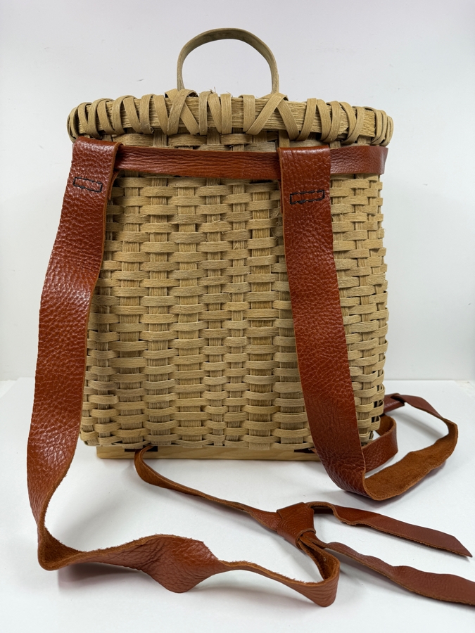 Rustic Handwoven Backpack By Moose River Handcrafts With Leather Straps And Bow 9.5'W X 18'H (HA) [Photo 3]