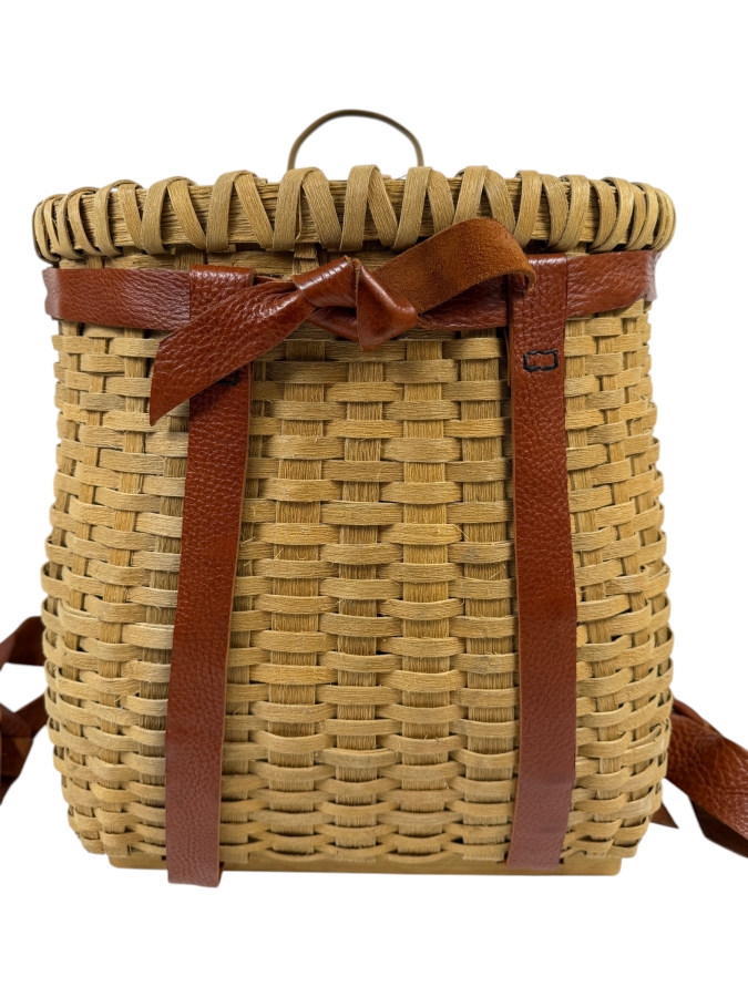 Rustic Handwoven Backpack By Moose River Handcrafts With Leather Straps And Bow 9.5'W X 18'H (HA)