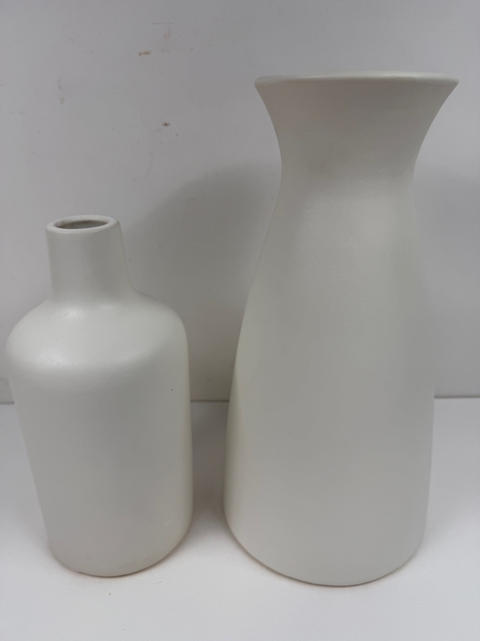 Set Of Two West Elm Matte White Ceramic Minimalist Vases 9.5' and 12'H (HA) [Photo 2]